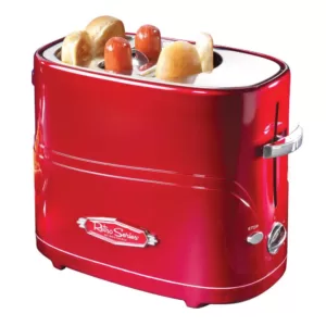 Nostalgia Retro Series 2-Slice Red Long Slot Hot Dog and Bun Toaster with Crumb Tray and Mini Tongs
