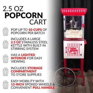 Nostalgia 380 W 2.5 oz. Red Hot Air Popcorn Cart with Easy Mobility