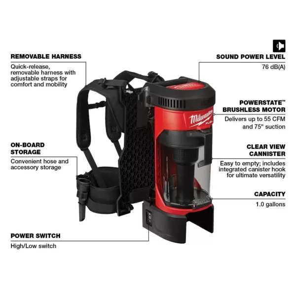 Milwaukee M18 Fuel 18-Volt Lithium-Ion Brushless Cordless 1 Gal. 3-in-1 Backpack Vacuum Kit and One 8.0 Ah Battery and Accessories