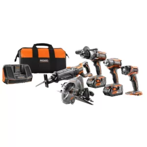 RIDGID 18-Volt Lithium-Ion Cordless 5-Tool Combo Kit with (2) 4.0 Ah Batteries, 18-Volt Charger, and Contractor's Bag
