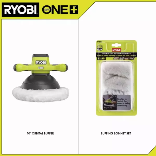 RYOBI ONE+ 18V Cordless 10 in. Orbital Buffer with Extra 8-10 in. Microfiber and Synthetic Fleece Buffing Bonnet Set (2-Pack)