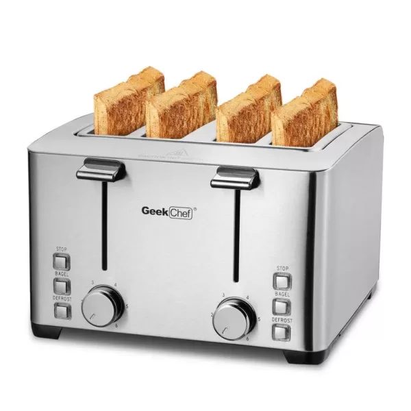 Boyel Living 1500 W 4-Slice Silver Wide Slot Toaster with 6 Bread Shade Settings and Removable Crumb Tray