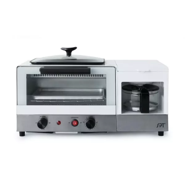 SPT Breakfast Center 1450 W 2-Slice White and Stainless Steel Toaster Oven with Griddle and Coffee Maker
