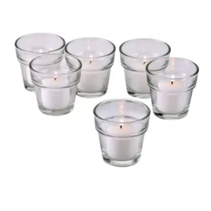 Light In The Dark Clear Glass Flower Pot Votive Candle Holders with White Votive Candles (Set of 12)