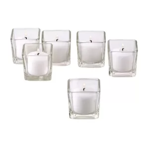 Light In The Dark Clear Glass Square Votive Candle Holders with White Votive Candles (Set of 12)