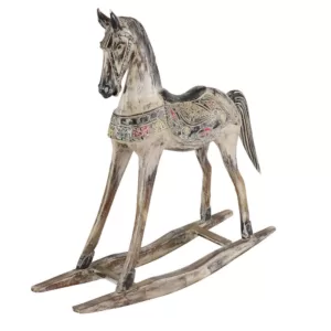 LITTON LANE Handmade Vintage Beige and Black Wooden Rocking Horse with Ornamental Red and Yellow Saddle