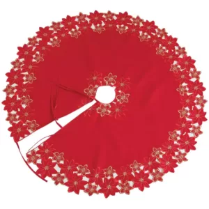 Xia Home Fashions 48 in. Festive Poinsettia Embroidered Cutwork Holiday Round Tree Skirt